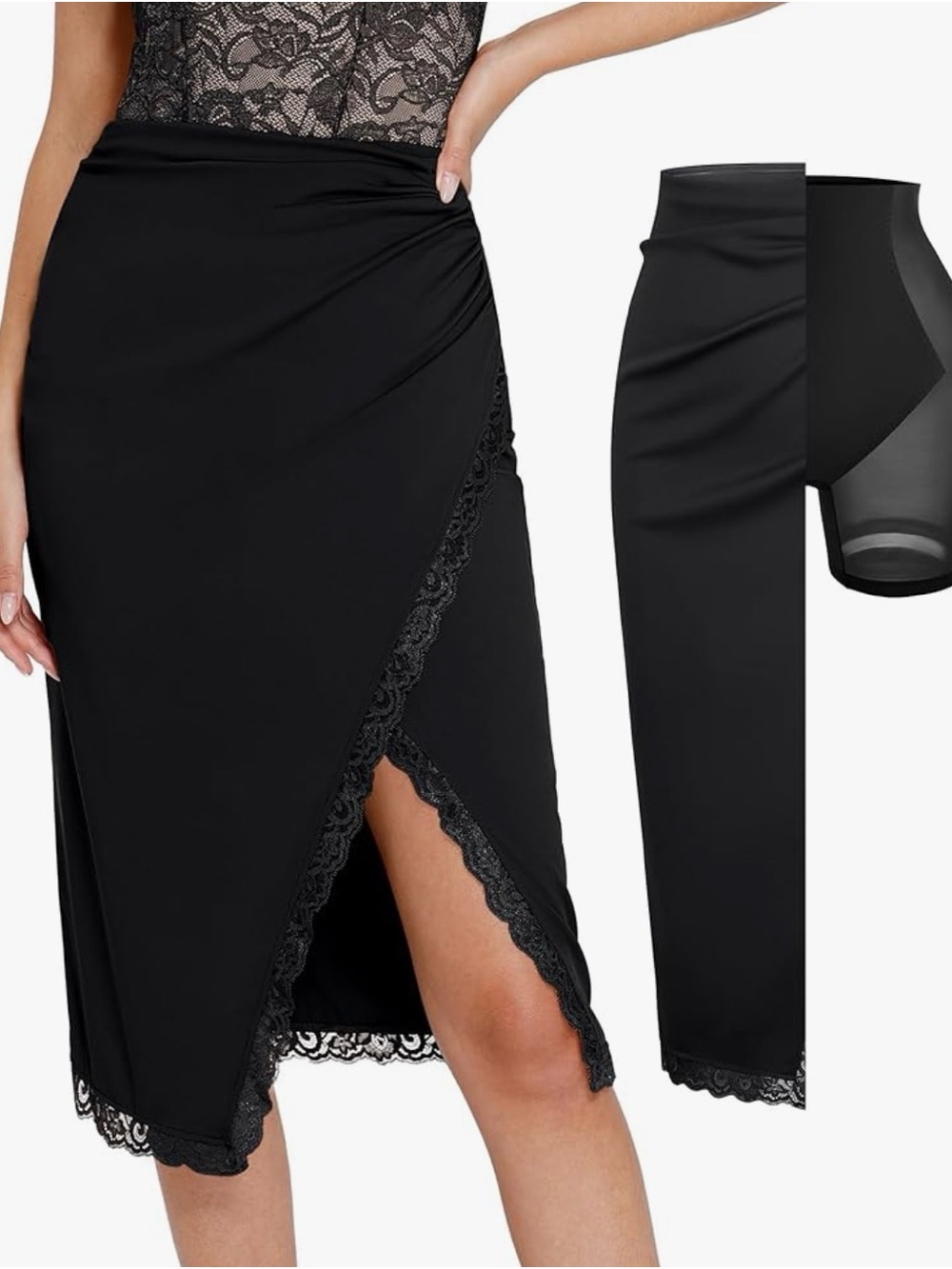NWT Popilush Black Lace Trim Midi Skirt XS Shapewear